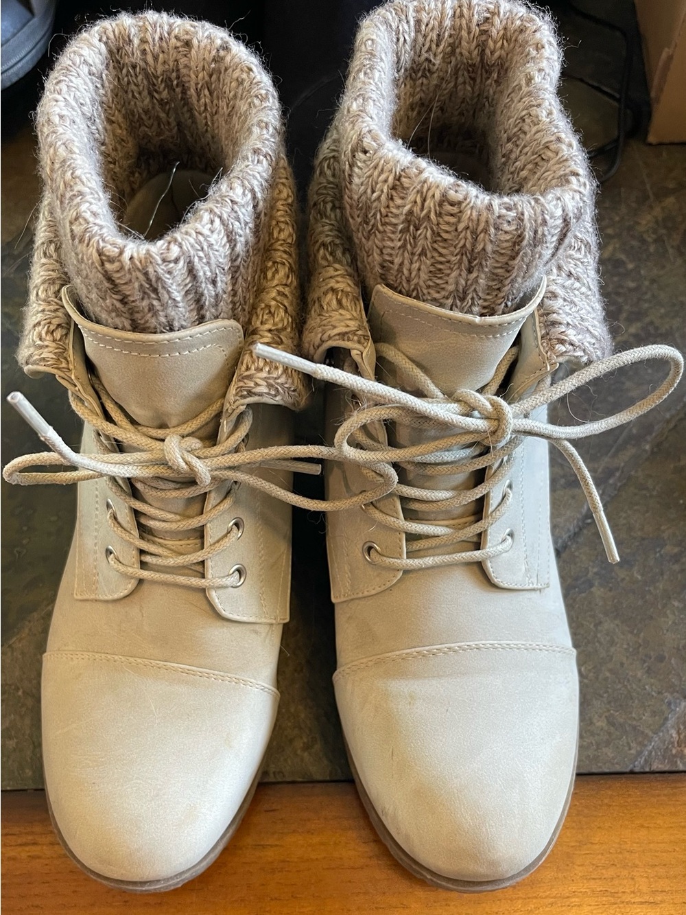 Cozy Knit-Cuff Lace-Up Ankle Boots - Beige